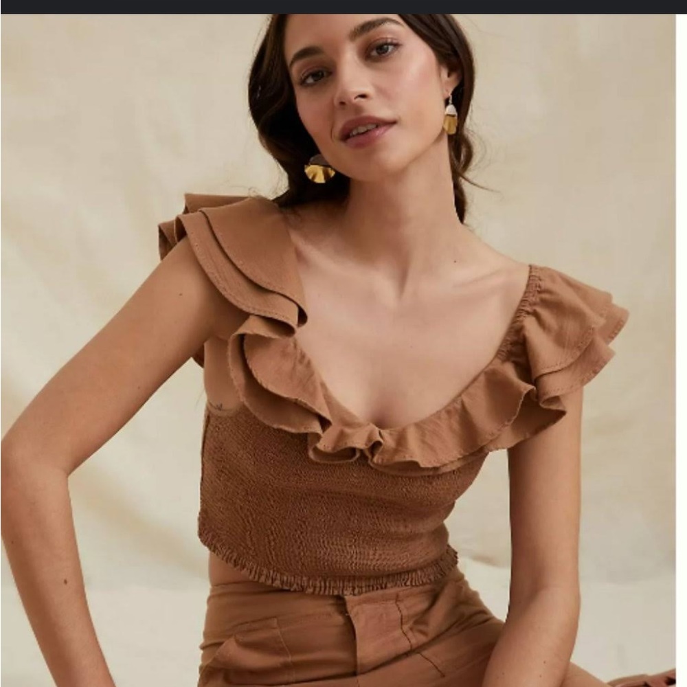 Maeve Brown Smocked Ruffle Top